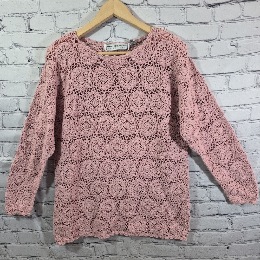 Vintage Crochet Sweater Womens L Blush Pink Mandala Coquette Coastal Pullover